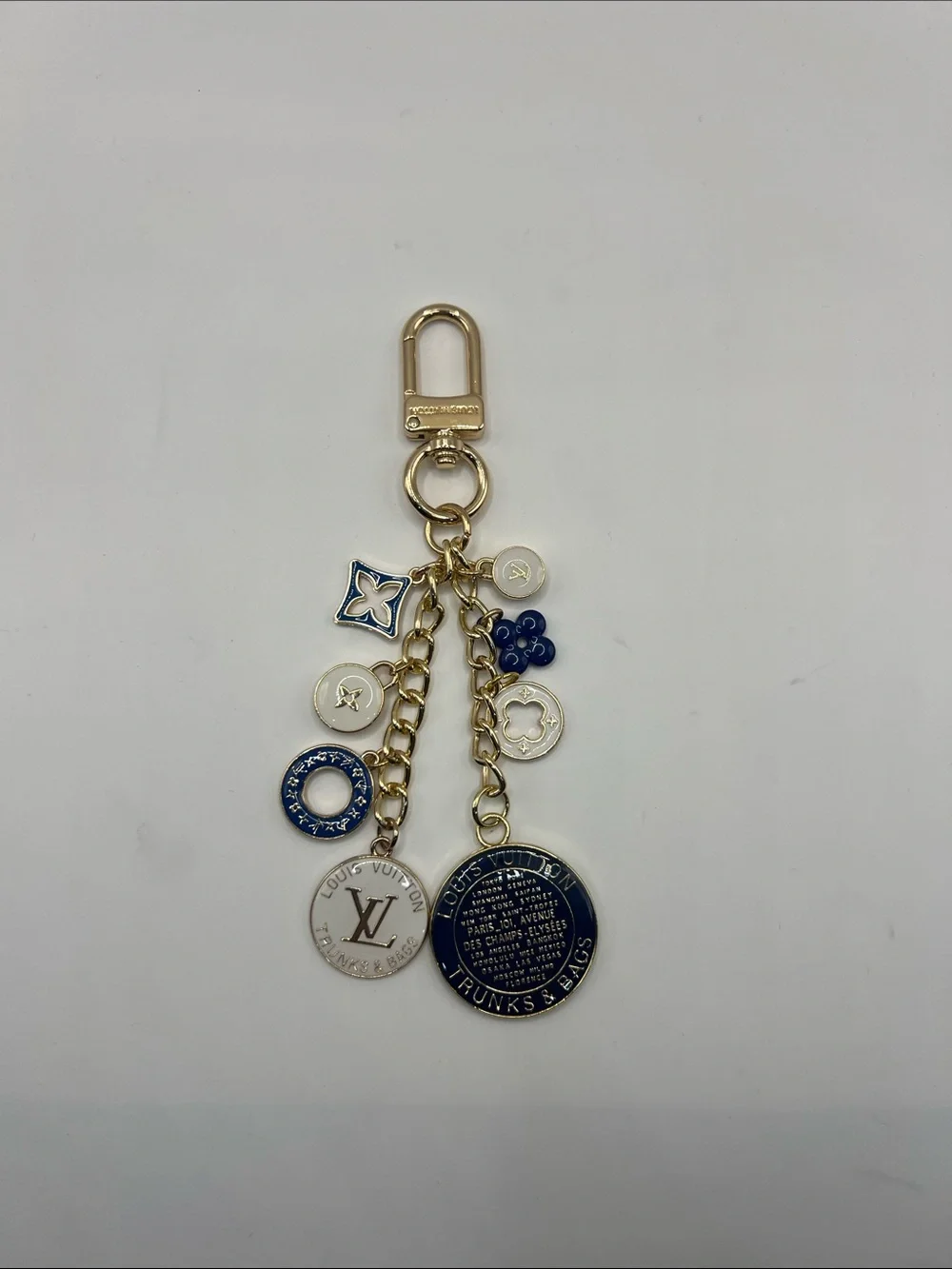 1445. Gold Tone with Navy & White Charm Keychain